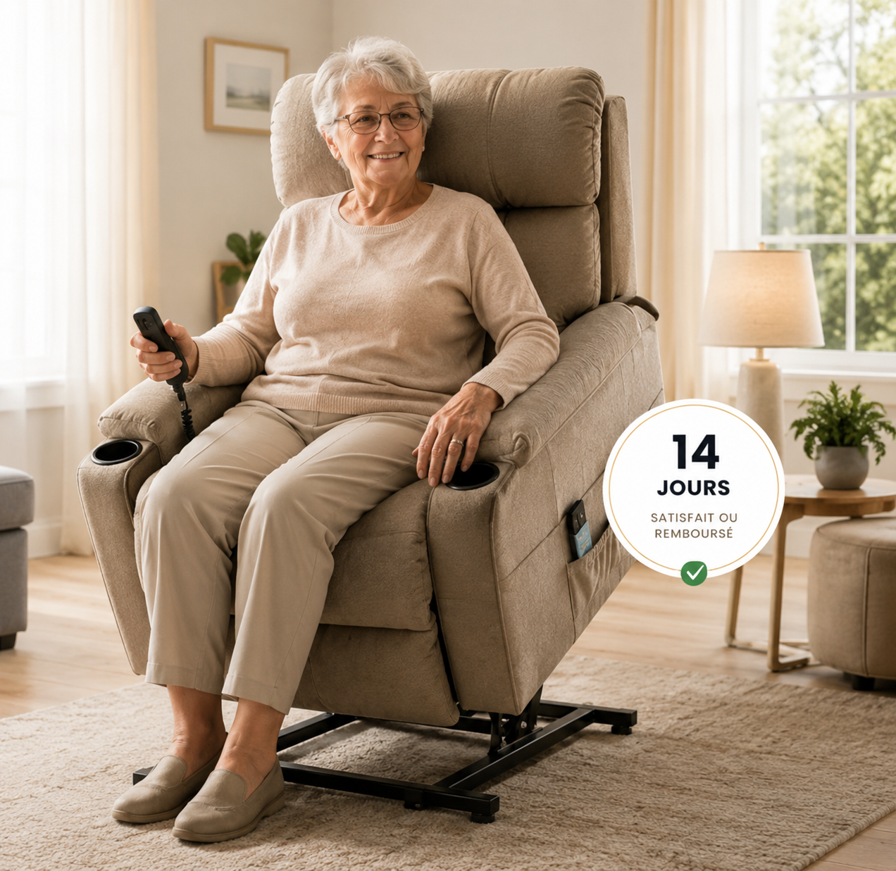 Femme senior souriante dans son fauteuil releveur Domilys